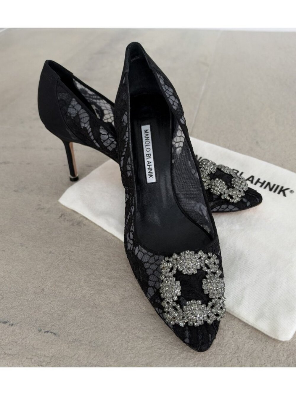 Manolo Blahnik Hangisi Black Lace Crystal Buckle Pumps Heels 70mm EU 39 US 9